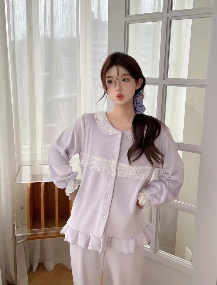 2024年新款女海岛绒淡紫睡衣套装长袖秋冬新款开衫奢华高级感家居