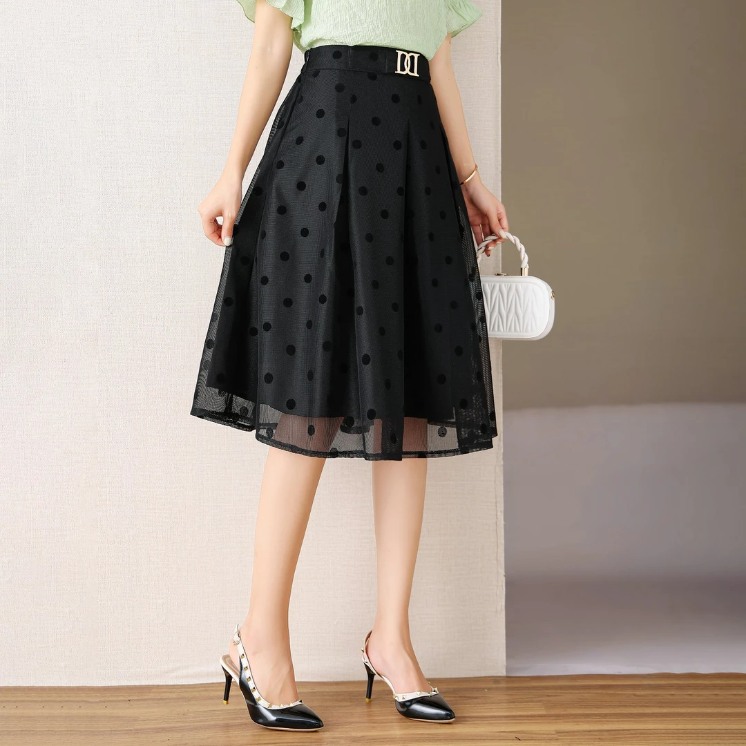 【蒙娜丽莎】大码胖mm春夏遮肉显瘦a字波点网纱半身裙5734