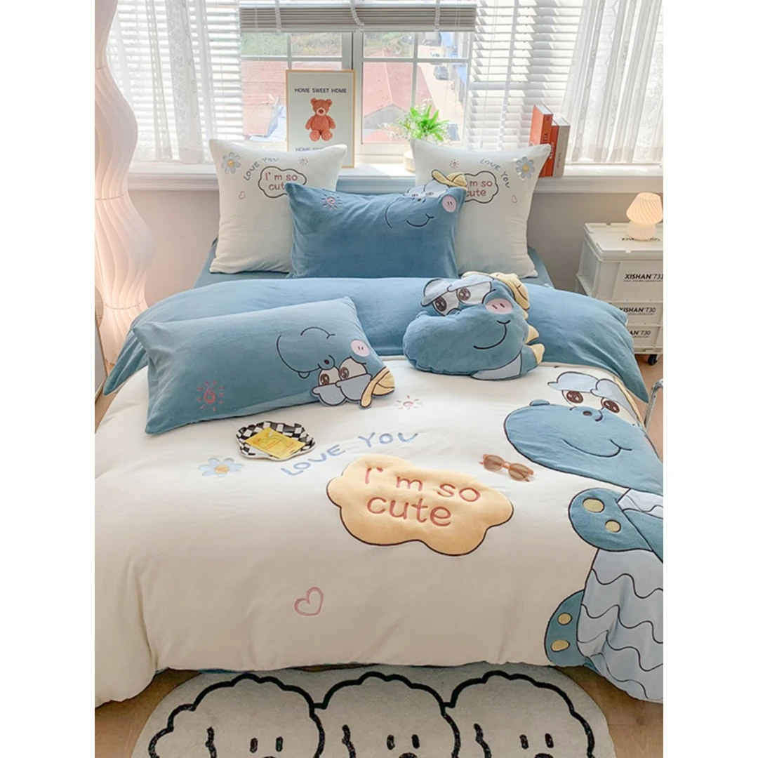 朵兰家纺-男孩子恐龙卡通牛奶绒四件套冬季加厚被套儿童床上用品