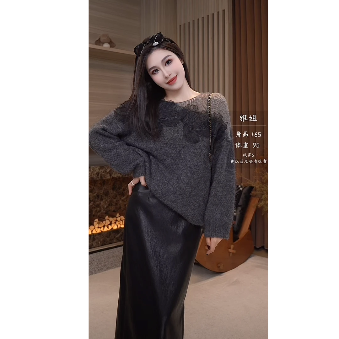 YZZ “厚积薄花”苏力羊驼绒软糯高定蕾丝花慵懒羊毛衣 810322