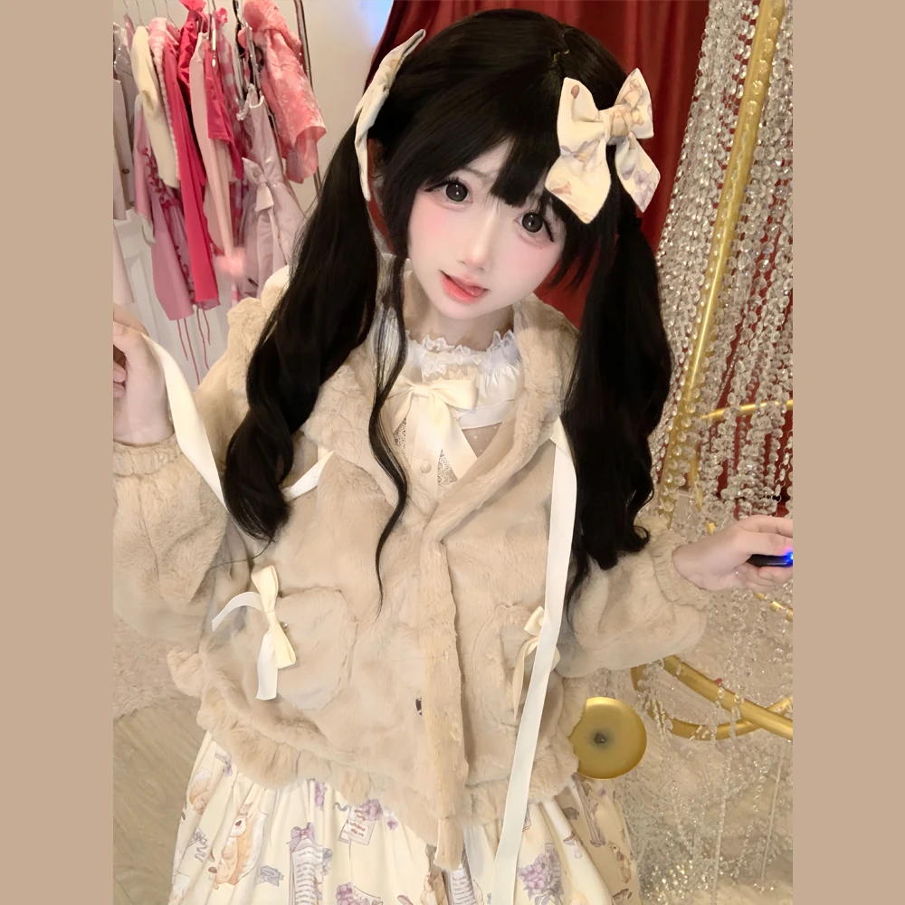 现货软妹毛绒外套女正品原创秋冬学生可爱风兔毛绒兔耳朵学院风潮