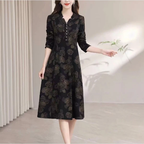 妈妈装秋季显瘦遮肉长袖连衣裙气质修身裙子中老年过膝收腰裙子