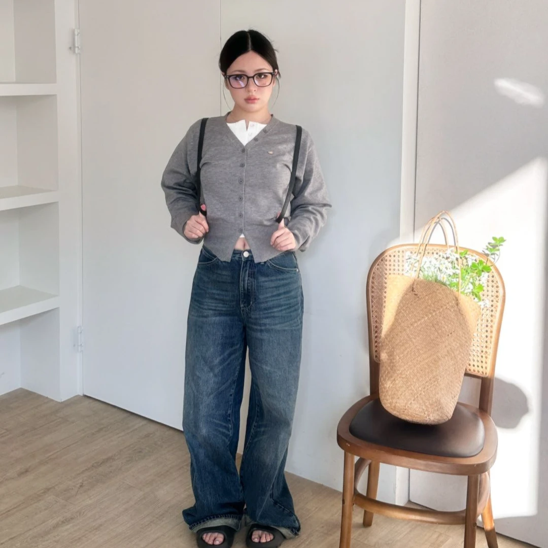 可什么乐辣 水洗中高腰复古ins感蓝灰直筒阔腿裤显瘦