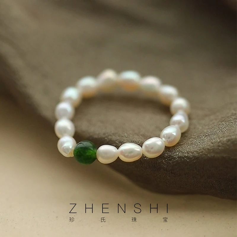 珍氏珠宝 天然淡水米粒形珍珠戒指女 法式轻奢气质满串尾戒（清江）