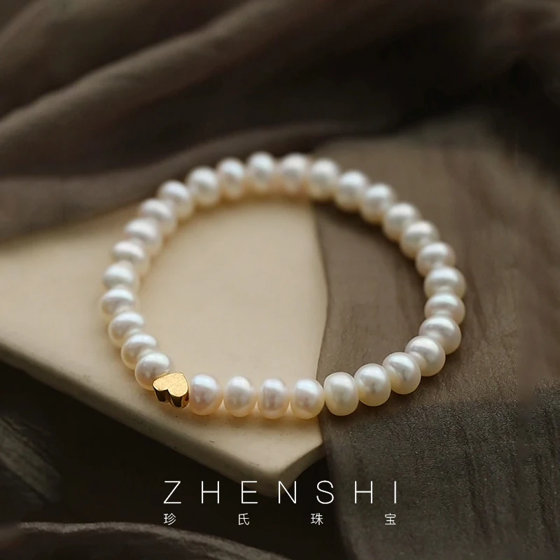 珍氏珠宝 天然淡水珍珠手链  爱心弹力绳网红款手串送女友（糖豆）
