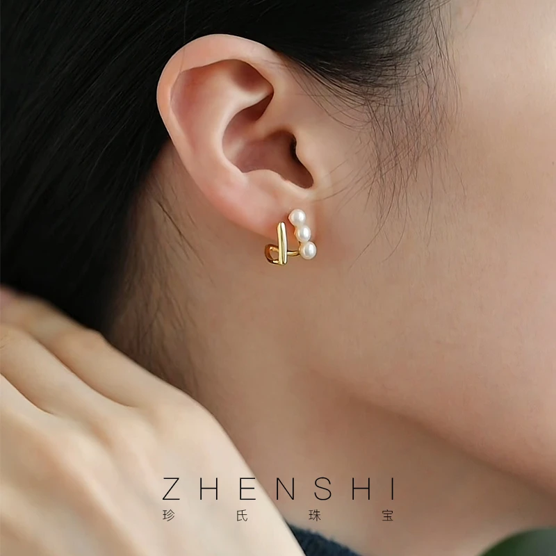 珍氏珠宝 天然淡水珍珠耳钉 几何珍珠新品小众耳环耳饰女（回廊）