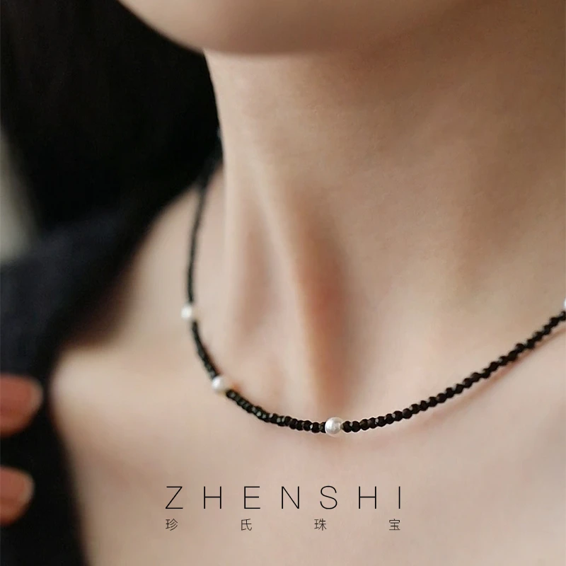 珍氏珠宝 天然淡水baby珍珠项链女款 黑色尖晶石气质颈链（南絮）
