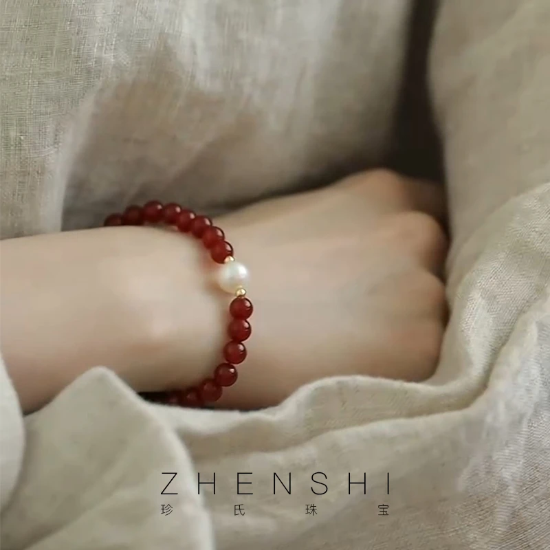 珍氏珠宝 天然淡水珍珠手链女款 S925银法式轻奢玛瑙手串（红酥）