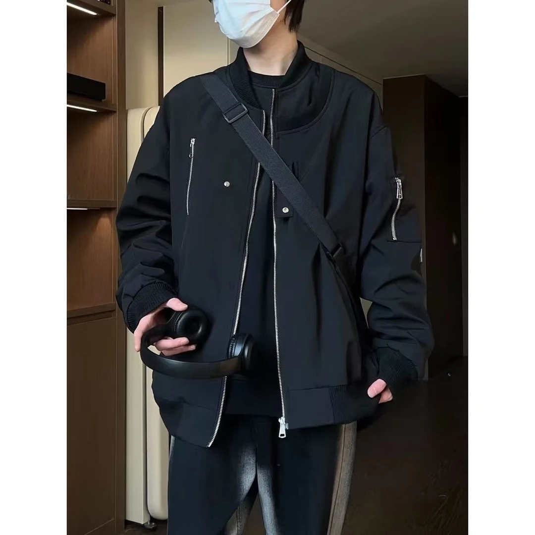 秋冬男士休闲夹克外套宽松百搭设计感男装痞帅美式高街潮牌棒球服