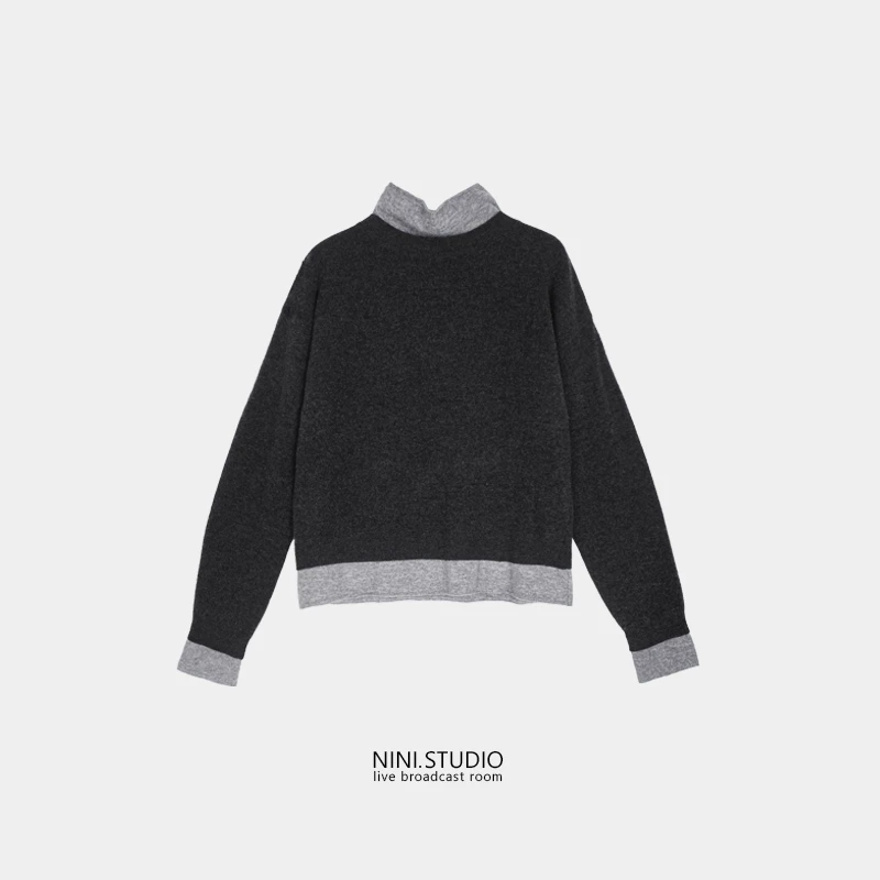 NINI.STUDIO【夹心饼】100%绵羊毛 假两件针织毛衣