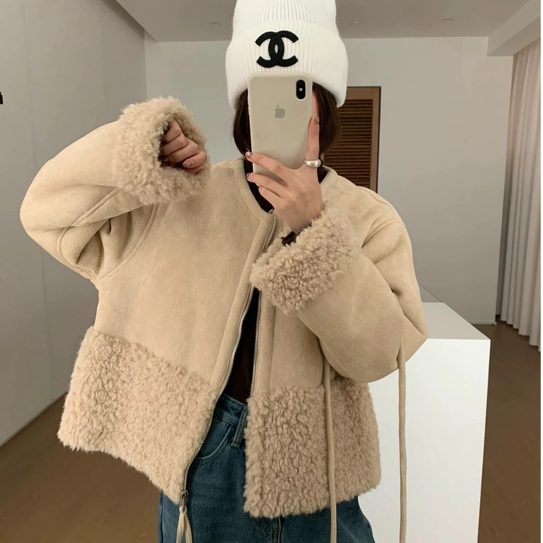 COCON-【冬日佳人】气质百搭圆领秋冬长袖纯色休闲复古皮毛一体外套