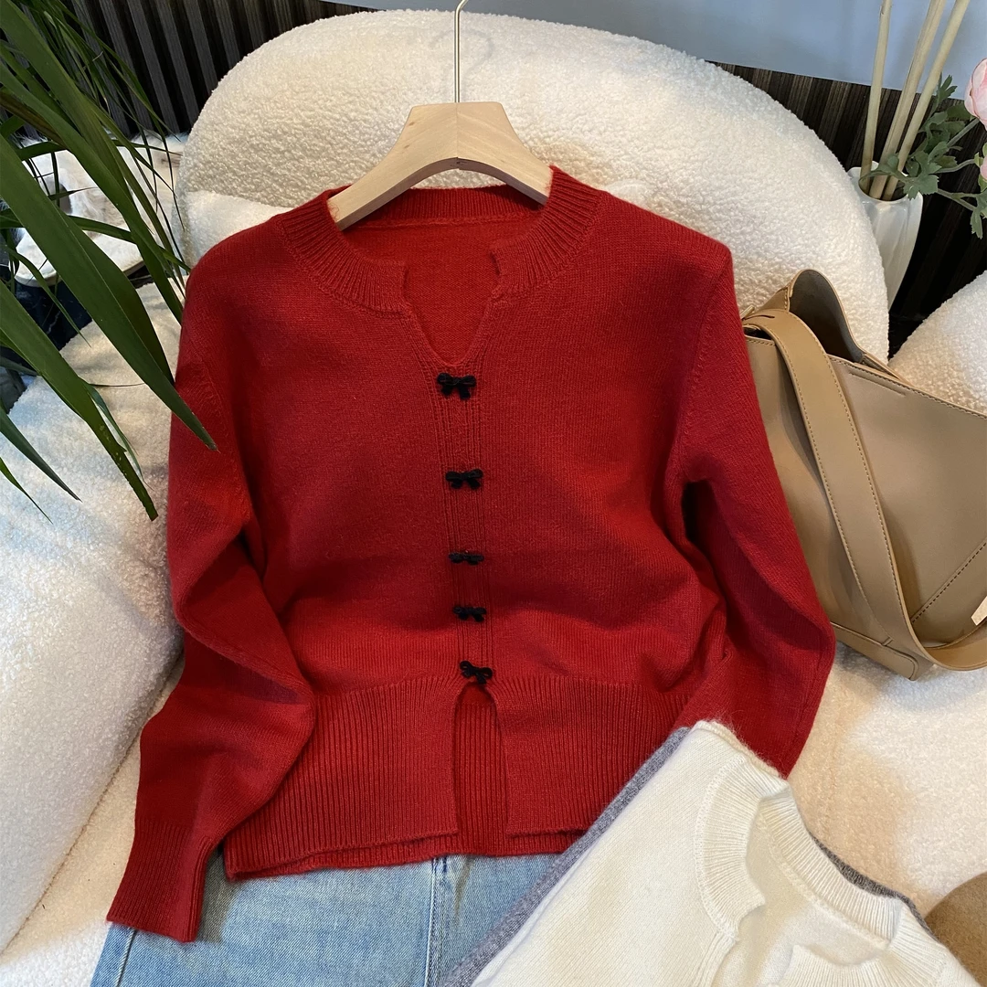 HYY-【羊毛浣熊】纯色蝴蝶扣简约羊毛毛衣女秋冬新款开衫