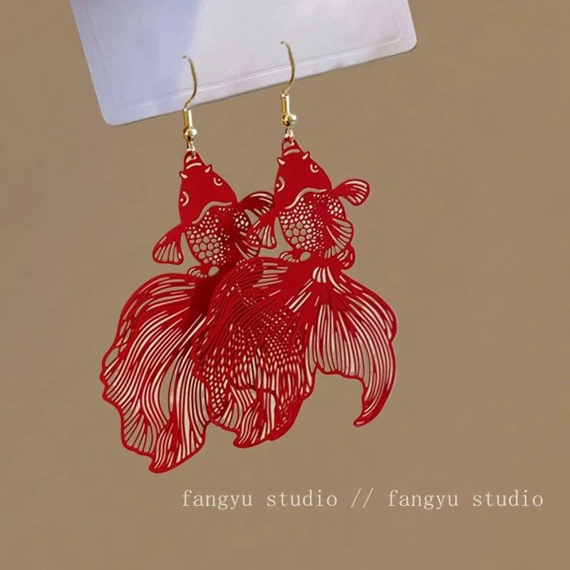 安可拉红~国风夸张锦鲤耳环新中式汉服配饰耳坠复古小众个性耳饰