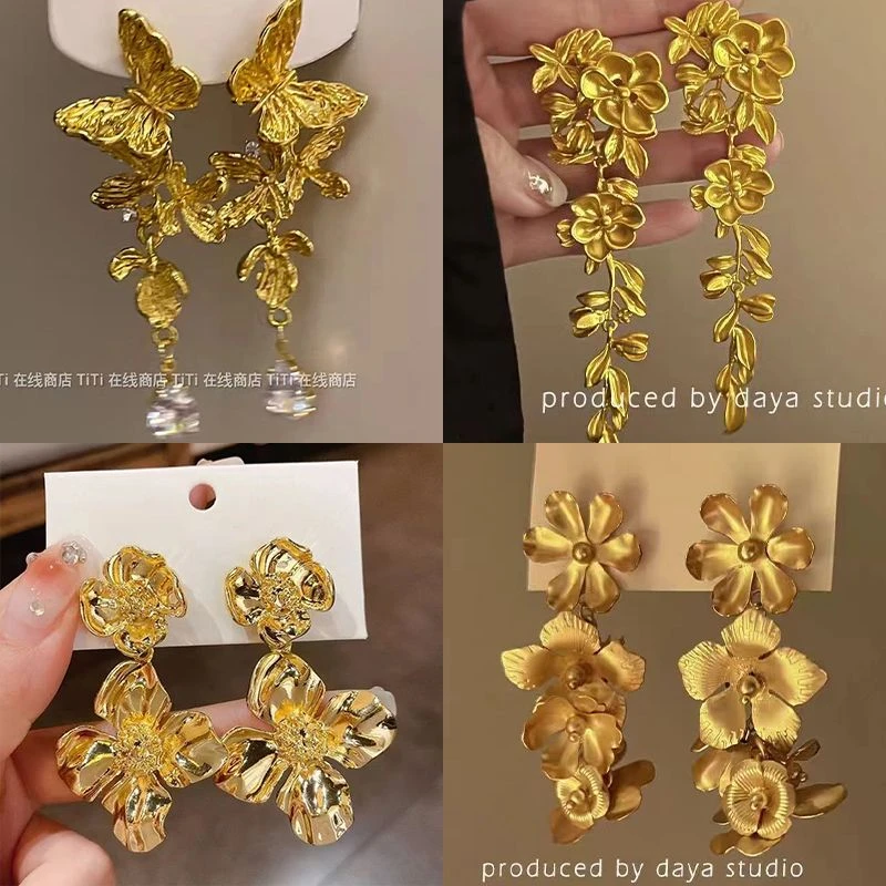 新款金色耳环高级大气金属冷淡夸张花朵轻奢耳饰港风气质复古耳钉