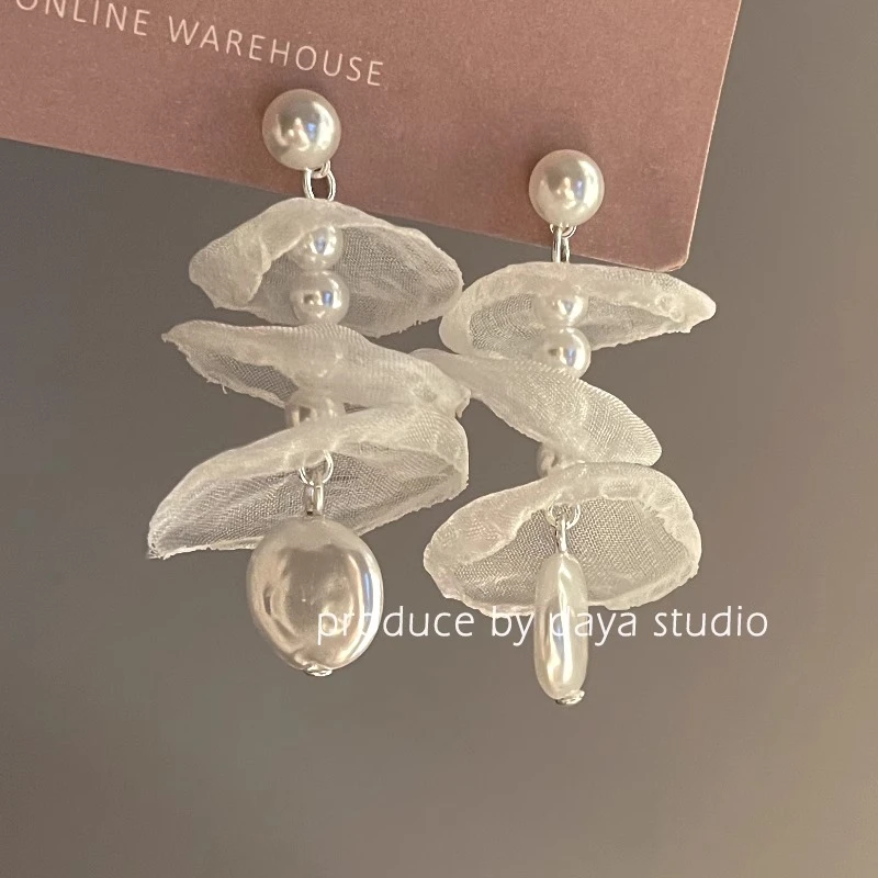 合金耳饰 氛围感法式雪纺珠珠耳环高级感小众复古仙气质ins度假风