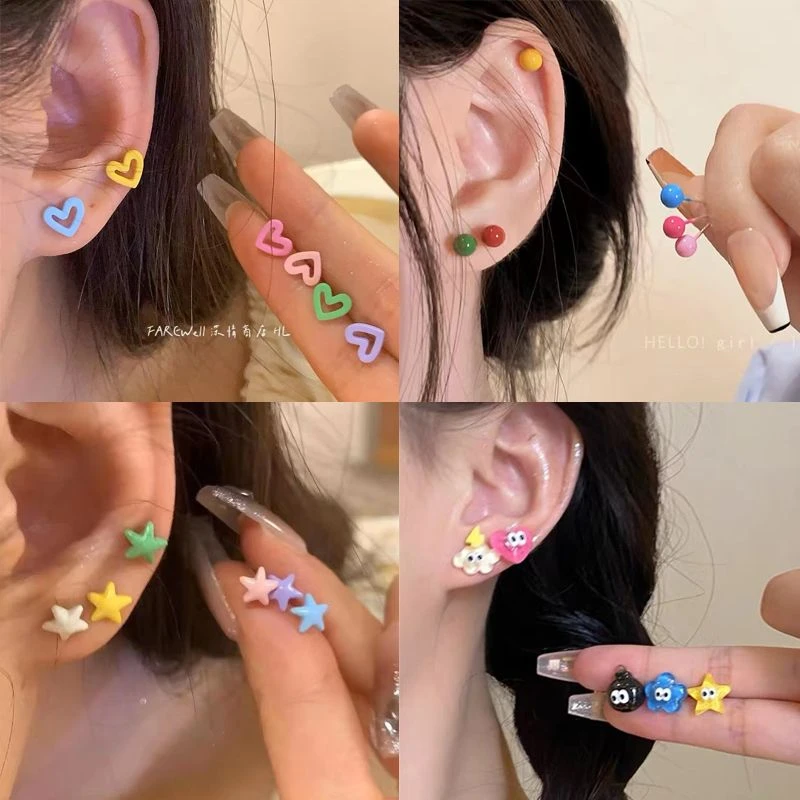 6支~多巴胺小众ins甜美夏天爱心元素彩色耳环耳钉百搭耳饰女