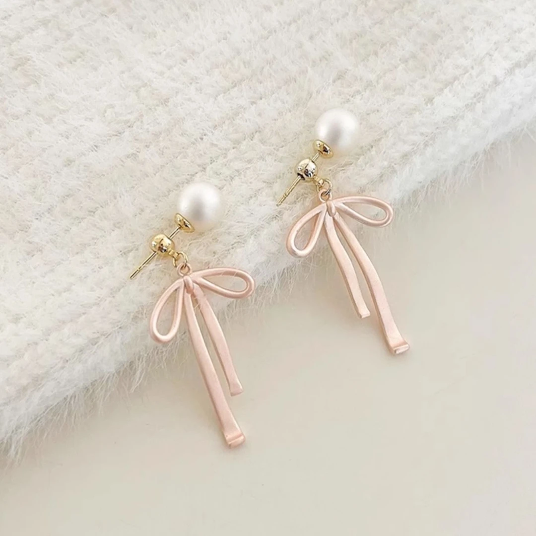 合金仿珍珠耳饰 蝴蝶结~有耳夹/耳钉丝带芭蕾蚊香盘耳夹2024新款