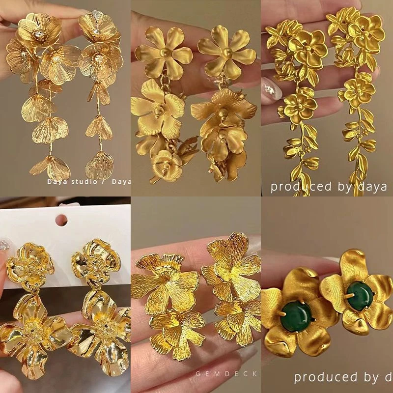 金色民族花朵耳环2024新款爆款流苏高级夸张耳饰小众轻奢气质耳钉