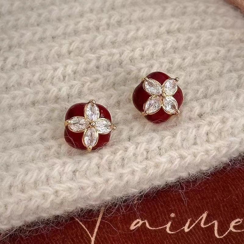 复古安可拉红滴釉耳钉甜美气质时尚耳环女轻奢高级感