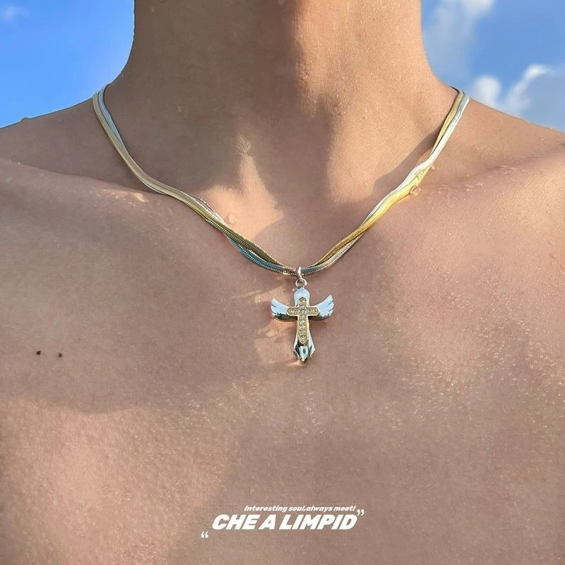 合金项链 CHEALIMPID/救赎-间金双层十字架嘻哈小众高级轻奢项链