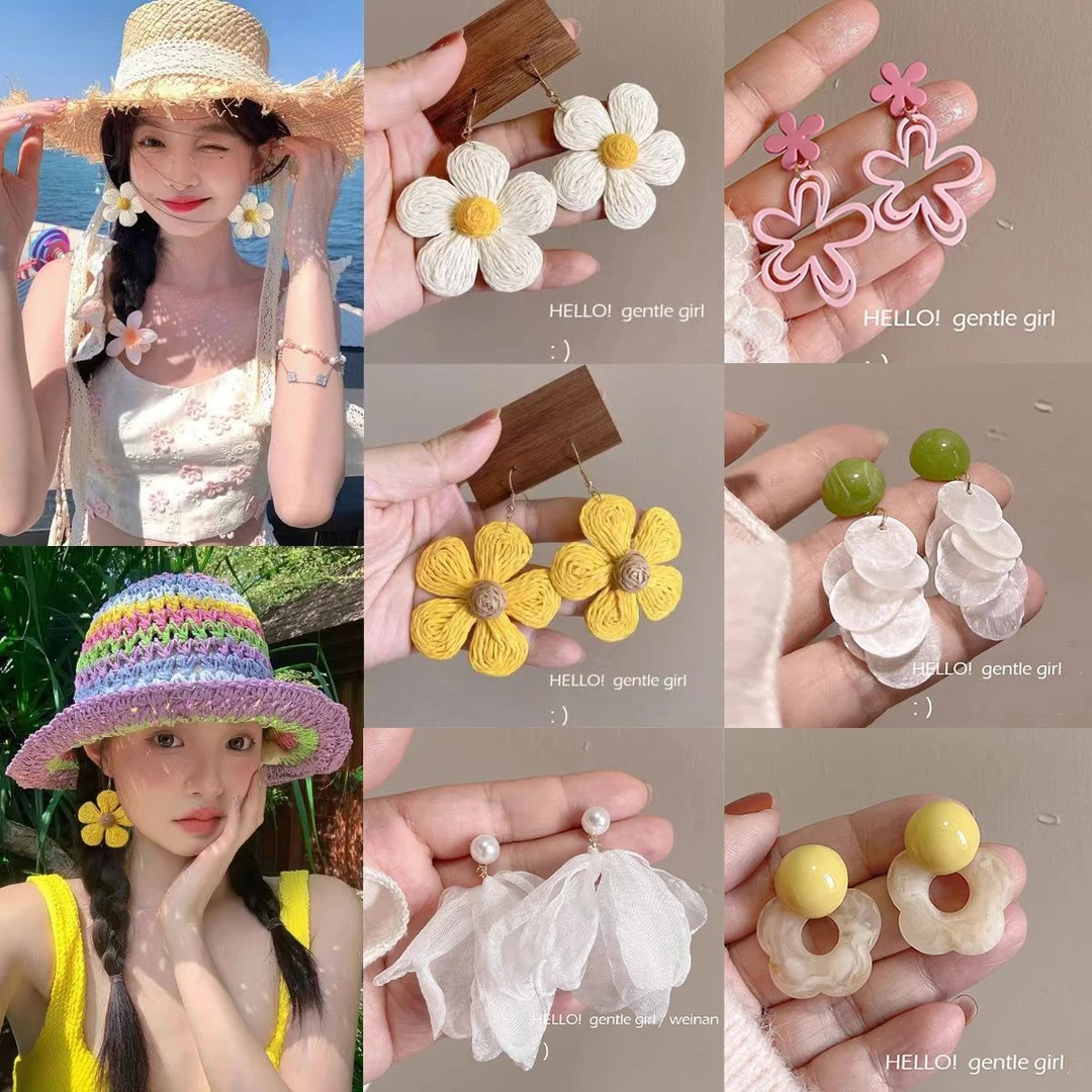 多巴胺编织花朵耳钩女新款夏日度假风耳夹潮高级感夸张海边耳饰女
