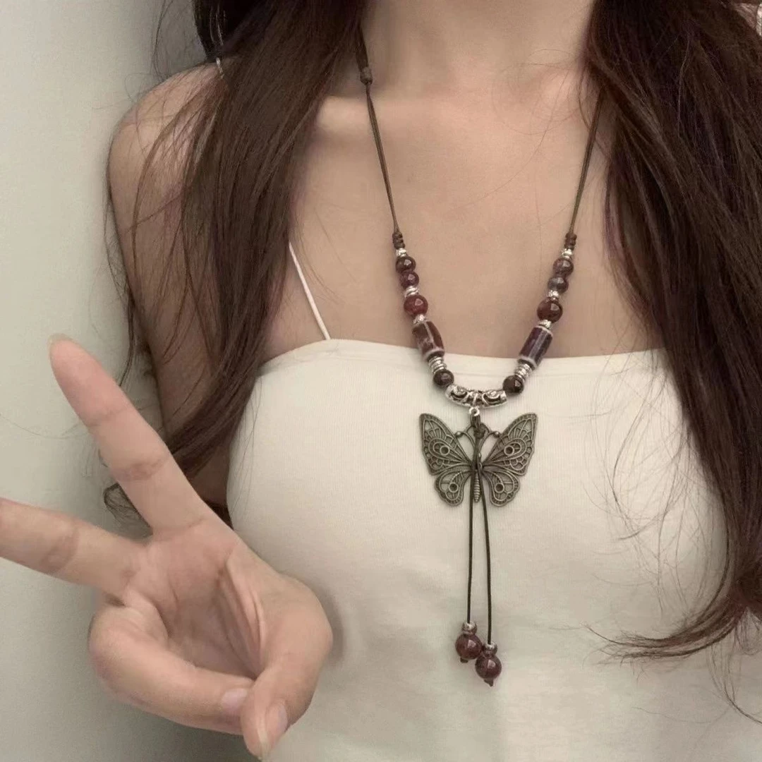 非金属布艺项链 复古民族风蝴蝶铃铛吊坠项链女2025新款长款配饰
