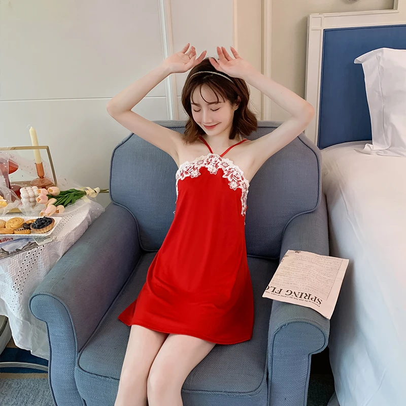 高档吊带睡裙女夏天薄款纯欲风蕾丝花边挂脖露背可爱甜美家居服