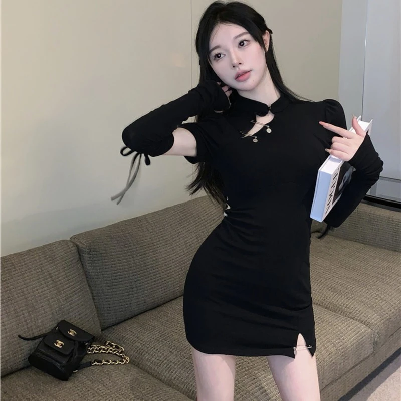 纯欲风春夏季新款复古改良旗修身显瘦包臀连衣裙女黑色袖套短裙