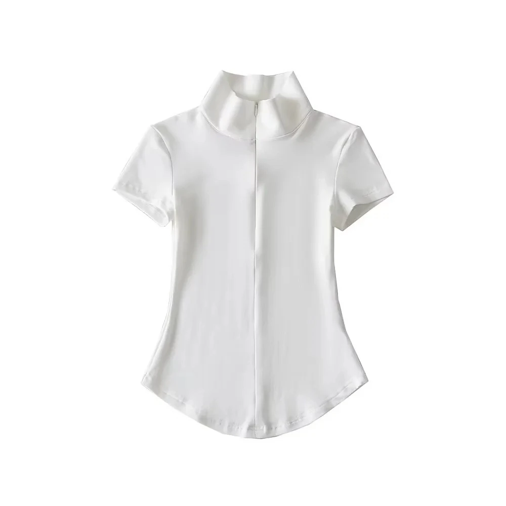 美式辣妹短袖t恤女春季女装紧身弹力上衣拉链翻领修身打底衫-8238