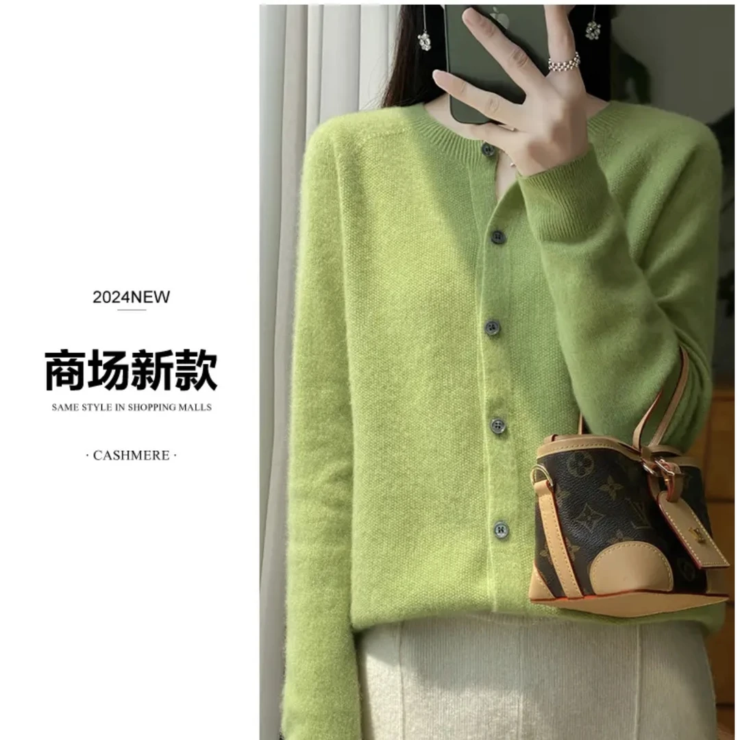 智感通勤~内搭外穿2024新款羊绒衫桂花针圆领长袖针织开衫外套女