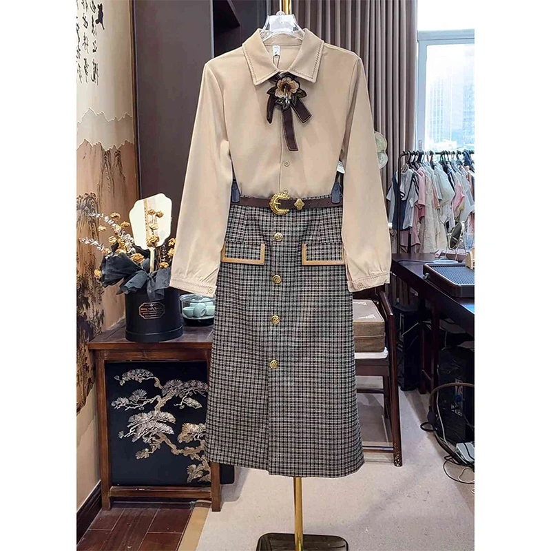 芙娜妮职业通勤风气质提花衬衫千鸟格高腰显瘦半身裙套装F2431759