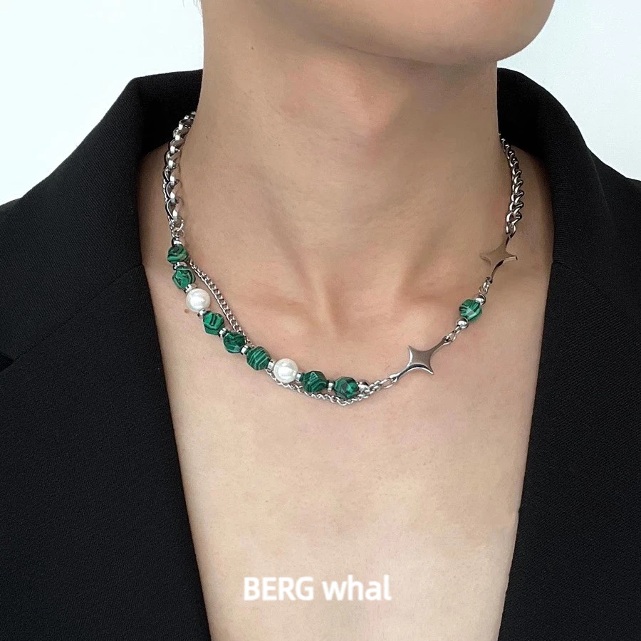 钛钢仿珍珠项链 小众不掉色项链男女ins嘻哈拼接芒星设计感锁骨链