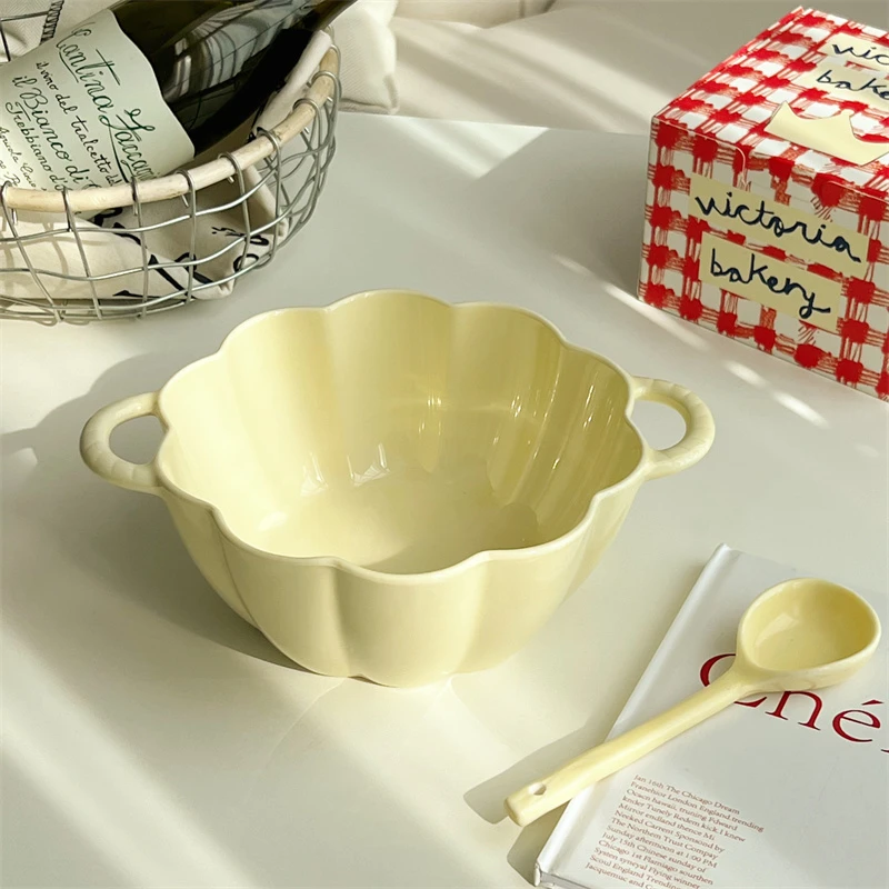 宠粉福利 奶油黄8英寸双耳汤碗加勺子套装加厚家用陶瓷大号