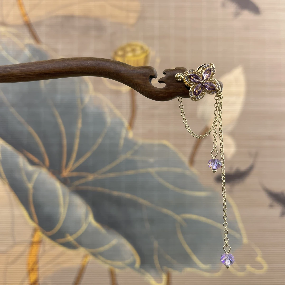 J60紫色可旋转幸运草发簪气质手工头饰发饰中式纯手工国风簪子