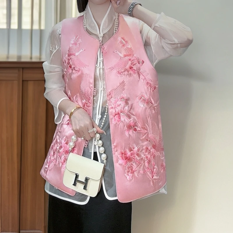 新中式花鸟刺绣对襟圆领醋酸小马甲2496