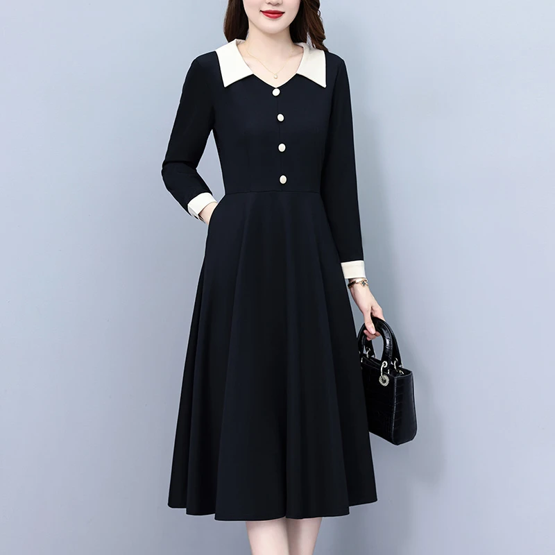 气质修身拼色长袖连衣裙新款中长款春秋大码女装胖mm显瘦洋气裙子