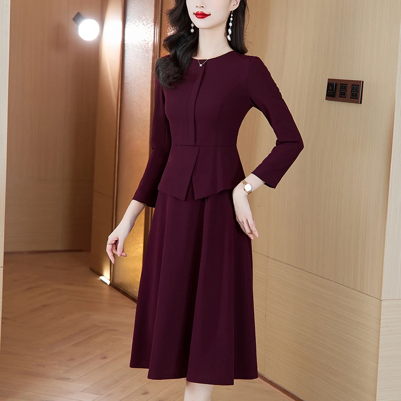 2024秋季新款紫红色连衣裙女新款长袖气质收腰显瘦长款秋冬长裙子