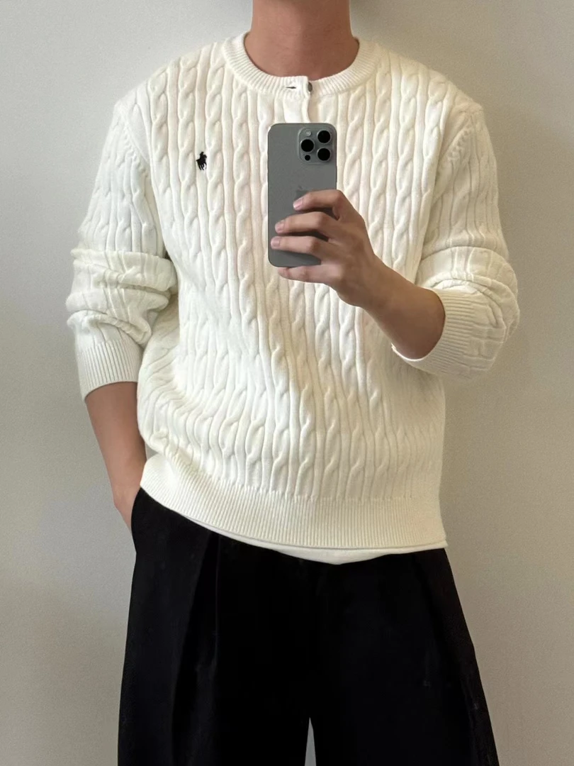 高智淡人秋冬男圆领休闲针织衫套头毛衣白色扭花刺绣宽松长袖上衣