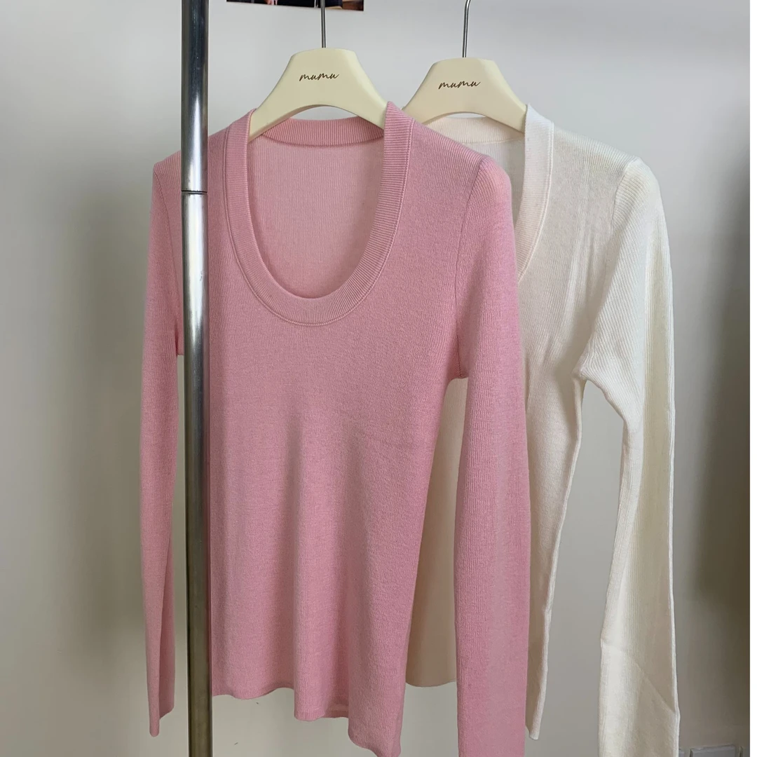 【韩女U领打底】秋冬上新韩系温柔纯欲感U领针织绵羊毛打底衫