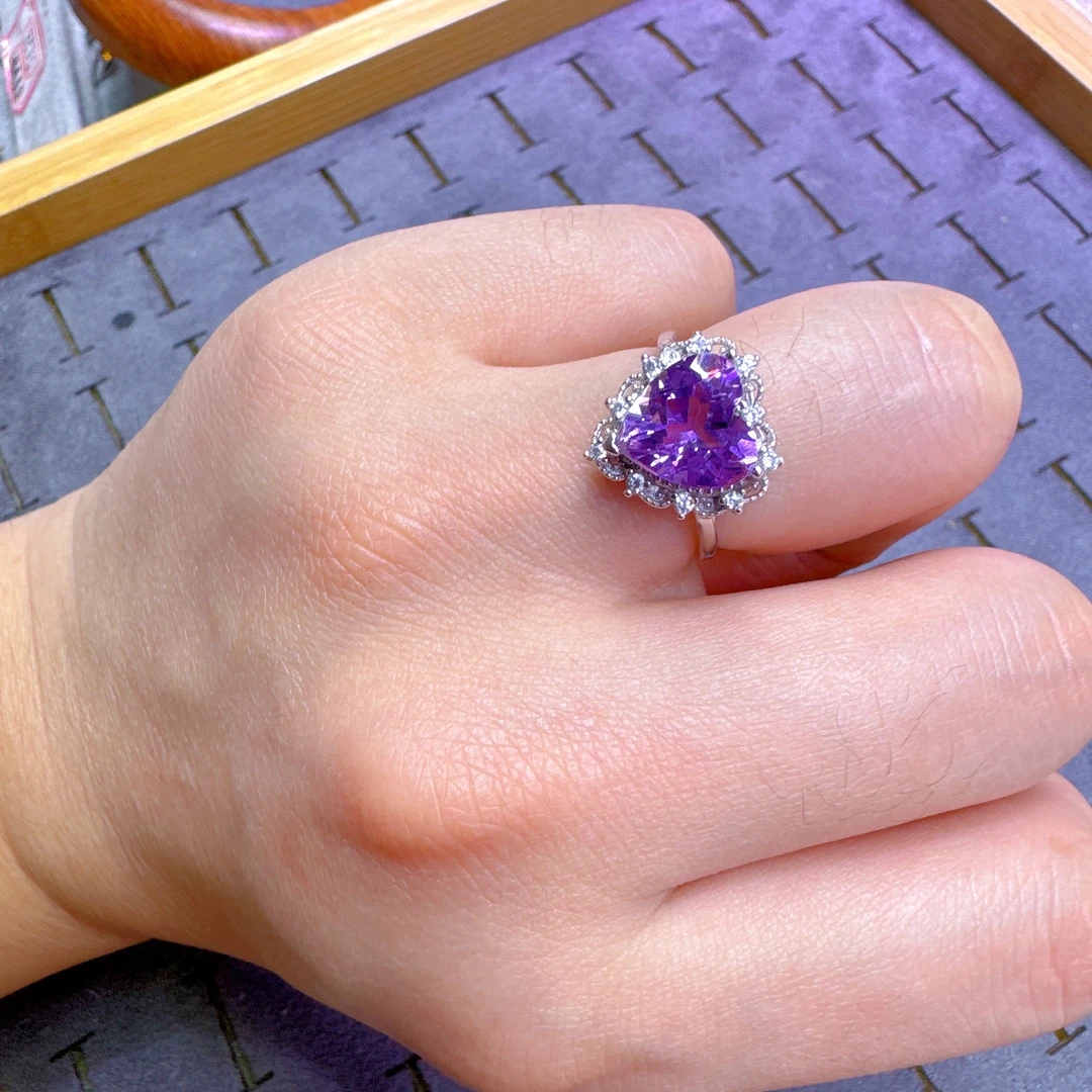 925银戒指 【颜玺优选】紫水晶爱心戒指925银镶嵌开口