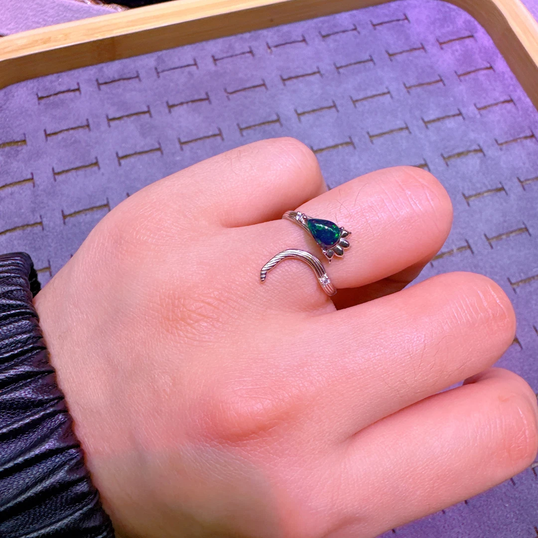 【颜玺优选】黑欧泊戒指925银镶嵌开口可调节