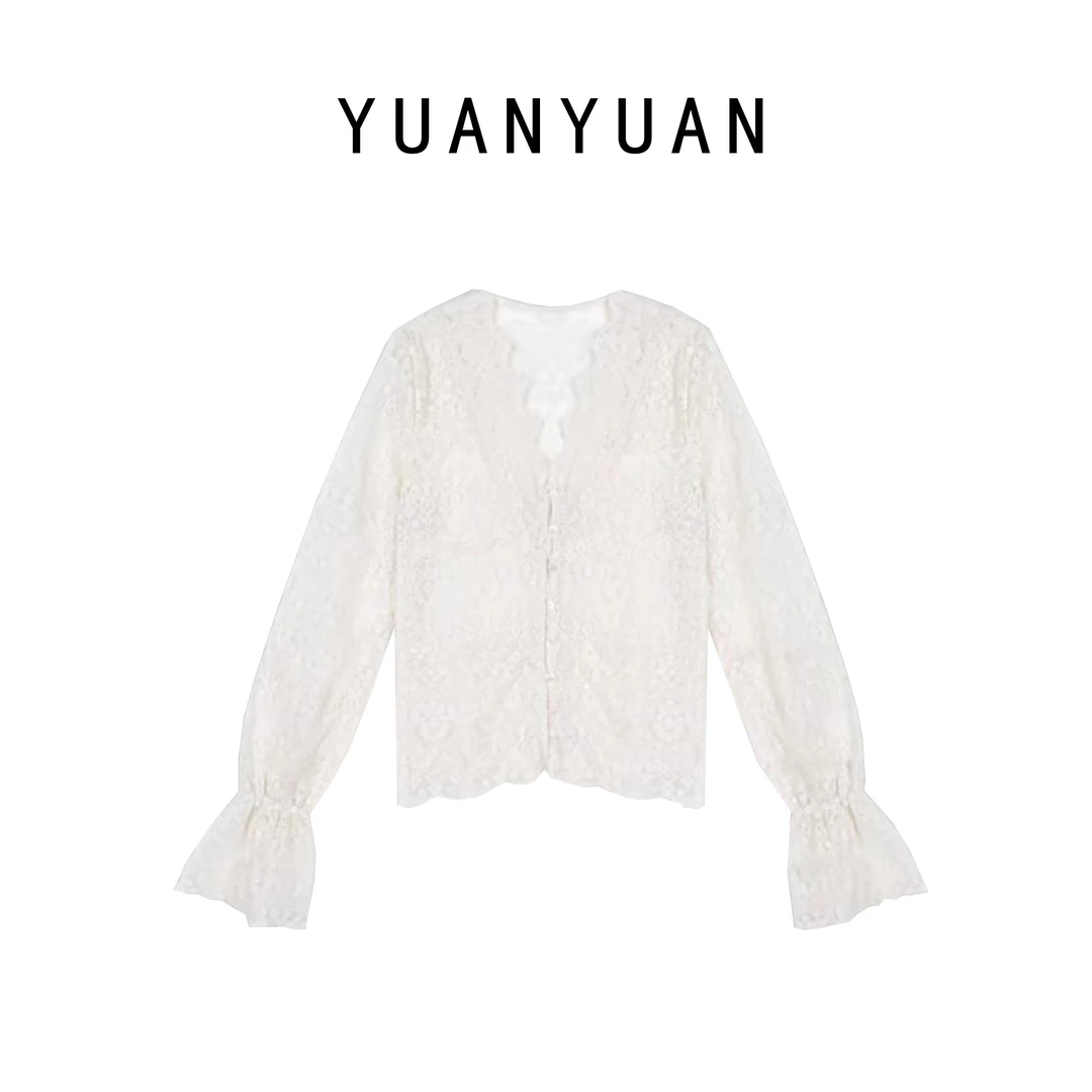 媛媛推荐【氛围蕾丝】蕾丝气质长袖白色时尚百搭法式设计师A1289