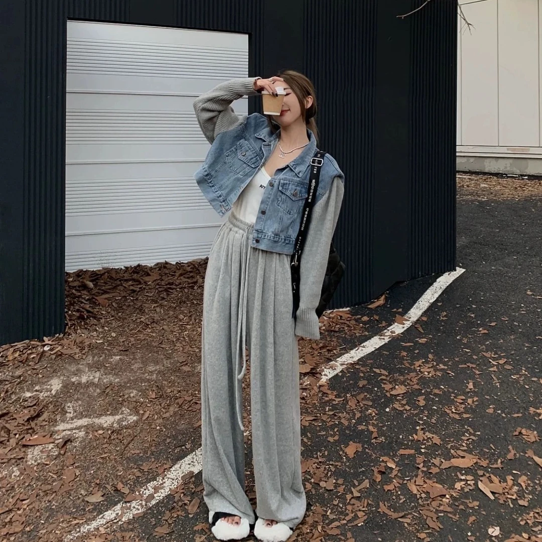 高腰软糯糯米裤阔腿裤女秋季宽松垂感显瘦直筒裤休闲加长拖地裤子