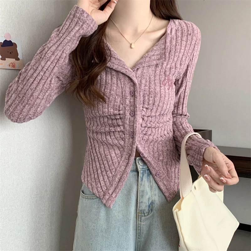 感褶皱收腰显瘦纯欲风辣妹修身打底长袖针织上衣