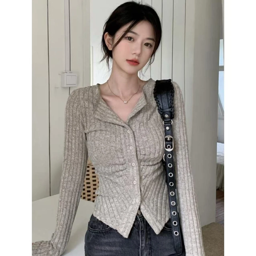 大码女装2024美式纯欲修身气质早秋单排扣长袖辣妹针织开衫2391