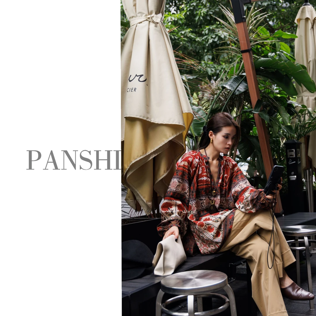 PANSHI原创小众设计民族风亚麻印花编制上衣24早秋新款