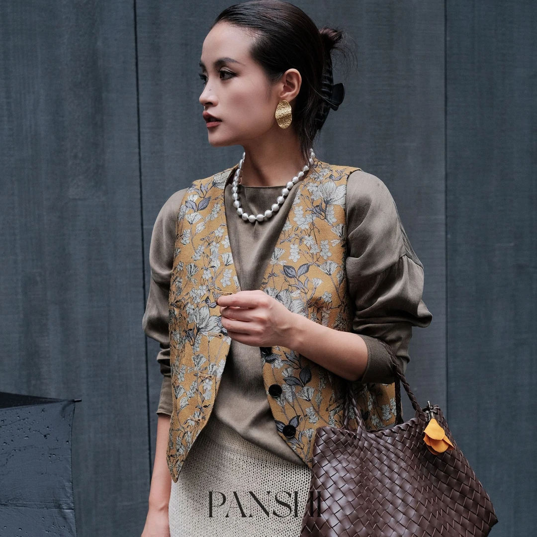 PANSHI原创新中式枝叶提花设计马甲上衣