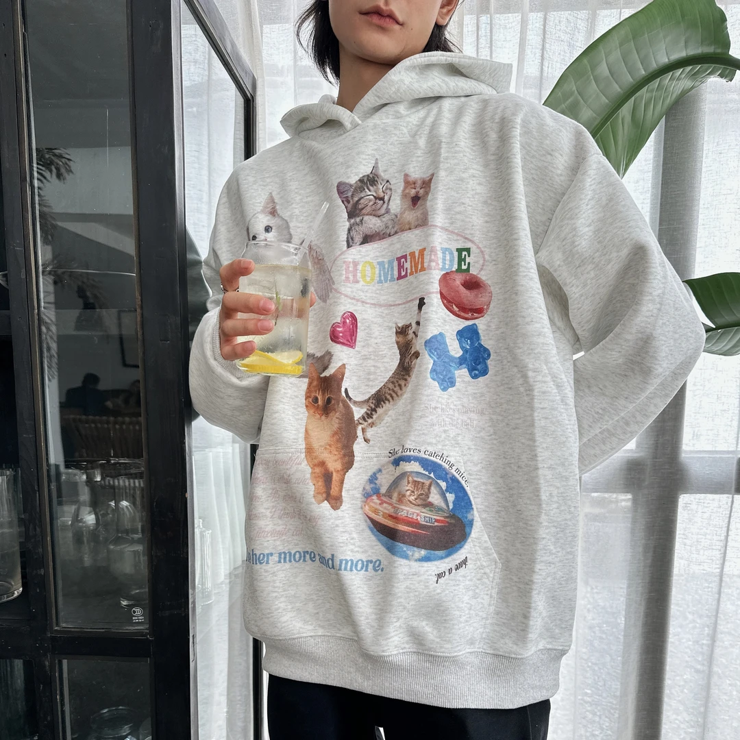 【宇宙猫】时尚印花连帽长袖秋冬百搭套头宽松美式卡通圆领ol