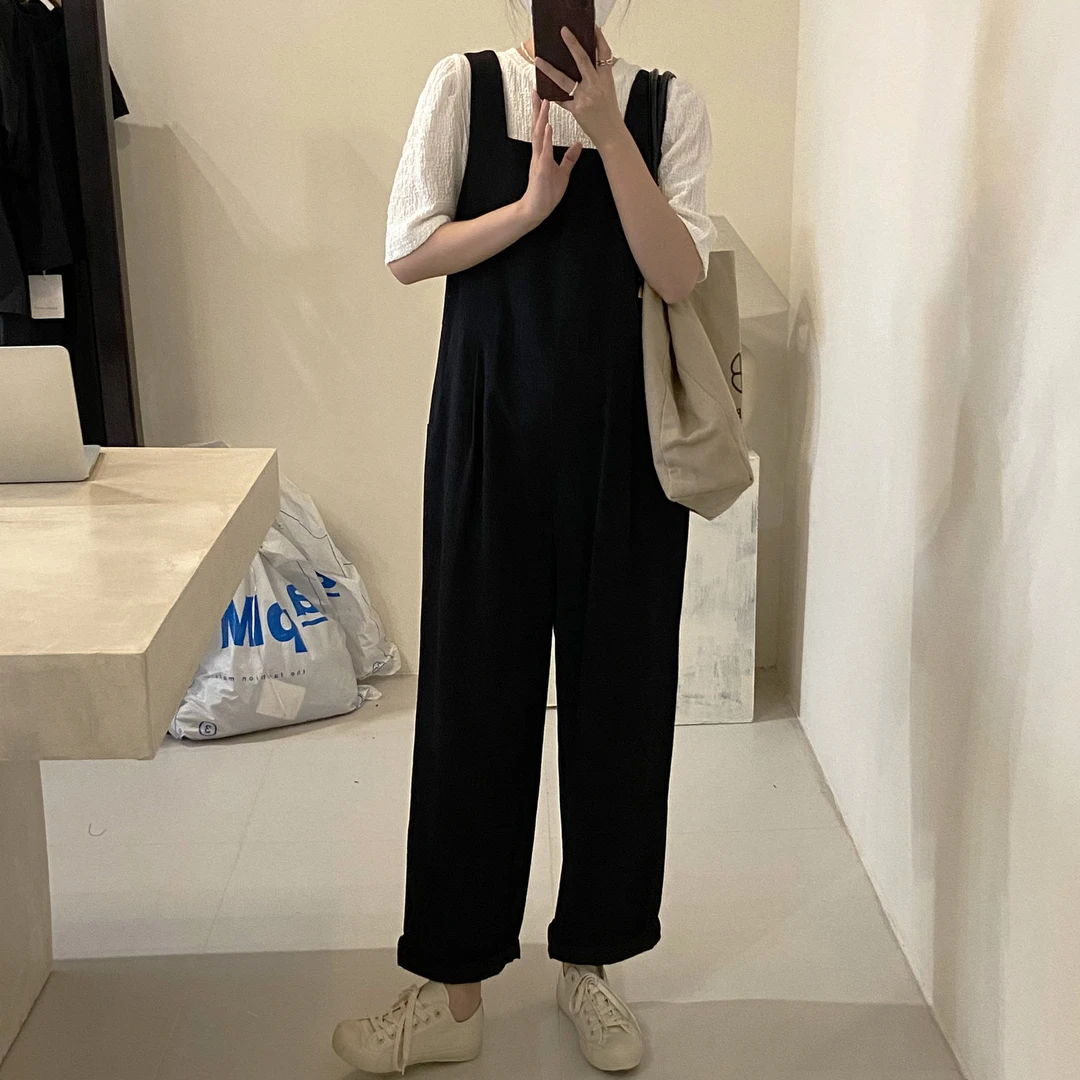 MUSTARD OUR 韩系ins减龄休闲宽松百搭纯色阔腿背带裤