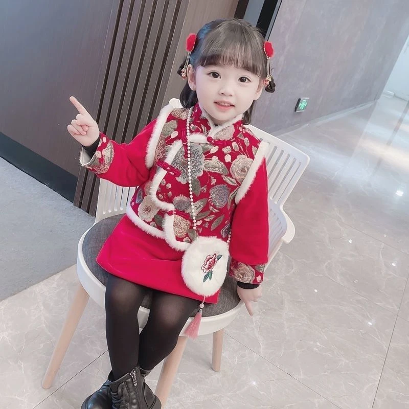 萌酷女童唐装冬款汉服套装儿童中国风超仙新款女宝加厚古风高颜值